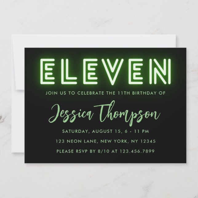 Invitación a los 11º cumpleaños de Neon Green (Anverso)