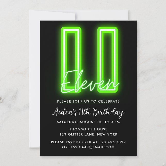 Invitación a los 11º cumpleaños de Neon Green (Anverso)