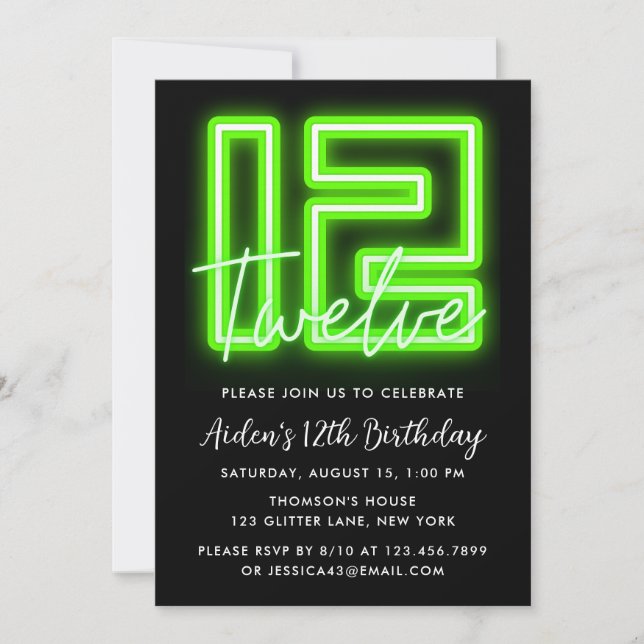 Invitación a los 12º cumpleaños de Neon Green (Anverso)