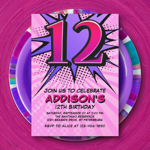 Invitación a los 12º cumpleaños del Chica Superhér