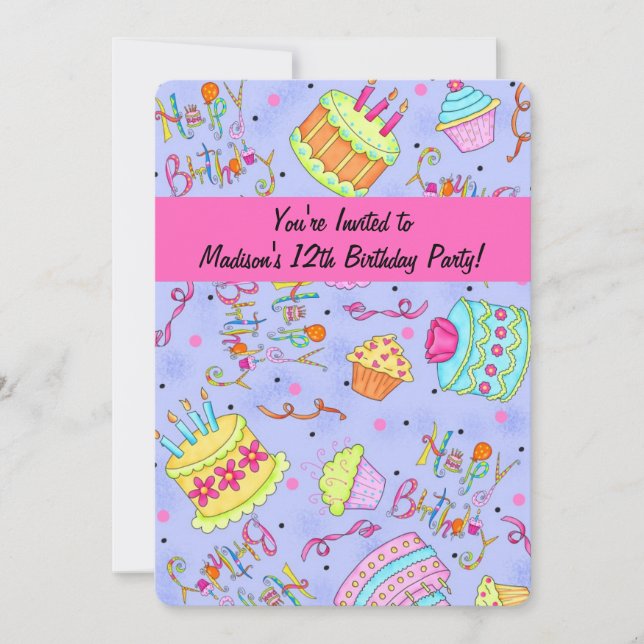 Invitación a los 12 años de Púrpura Hot Pink Tween (Anverso)