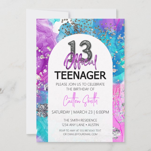 Invitación a los 13º cumpleaños Guay Neon Purpurin (Anverso)