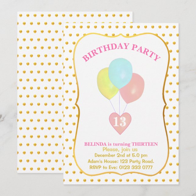 Invitación a los 13 años de Heart and Balloons (Anverso / Reverso)