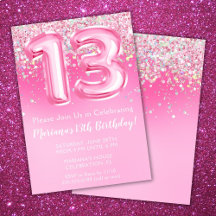Invitación a los 13 años rosados Purpurina Girly P