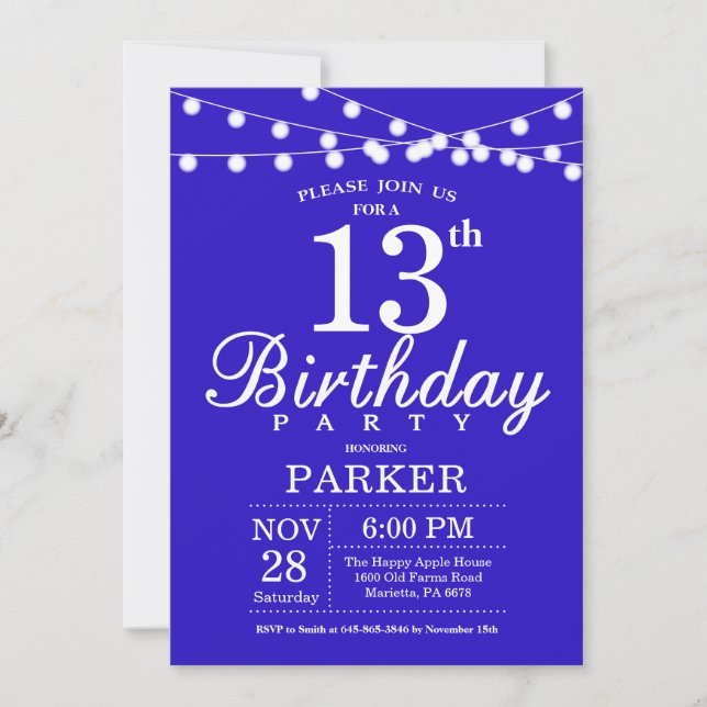 Invitación a los 13 años Royal Blue (Anverso)