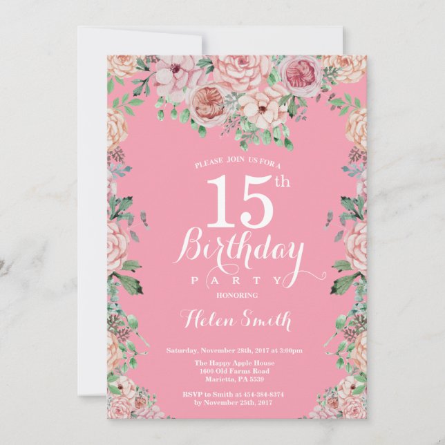 Invitación a los 15 años de Floral Pink Peonies (Anverso)