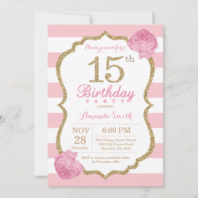 Invitación a los 15 años Floral rosa y dorada (Anverso)