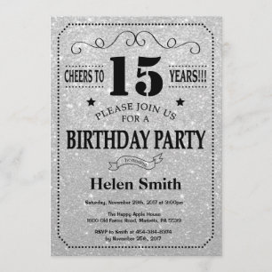 Invitación a los 15 años Purpurina negro y platead
