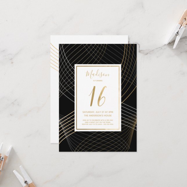 Invitación a los 16 Años - Negro, Oro, Elegante (Anverso/Reverso In Situ)