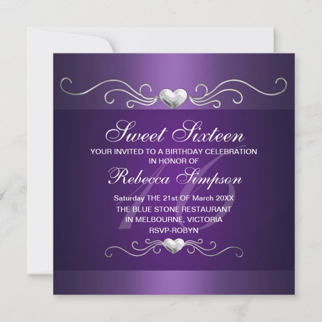 Invitación a los 16 cumpleaños de Purple Heart Swe (Anverso)