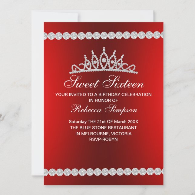 Invitación a los 16 cumpleaños de Royal Red Tiara  (Anverso)