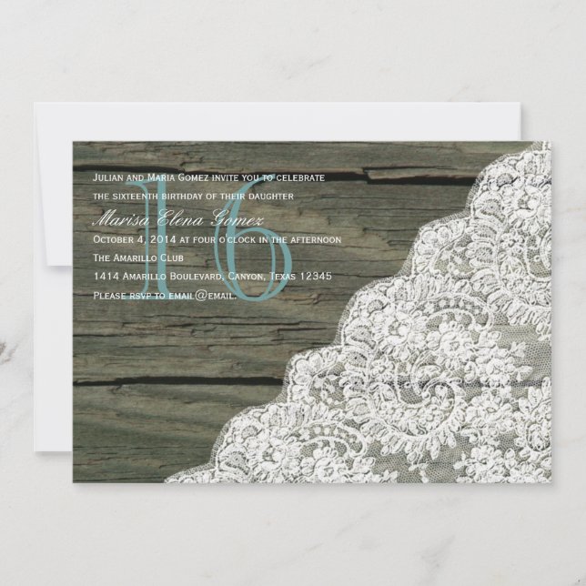 Invitación a los 16 cumpleaños de Rustic Wood Lace (Anverso)