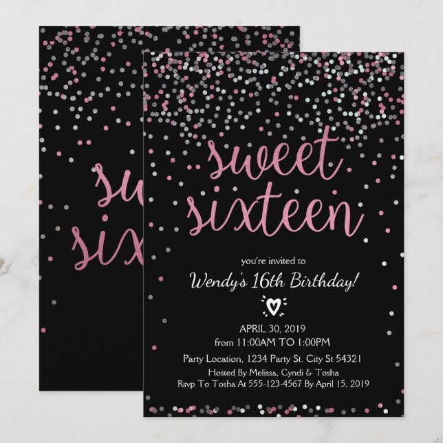 Invitación a los 16 cumpleaños del Purpurina rosad (Anverso / Reverso)