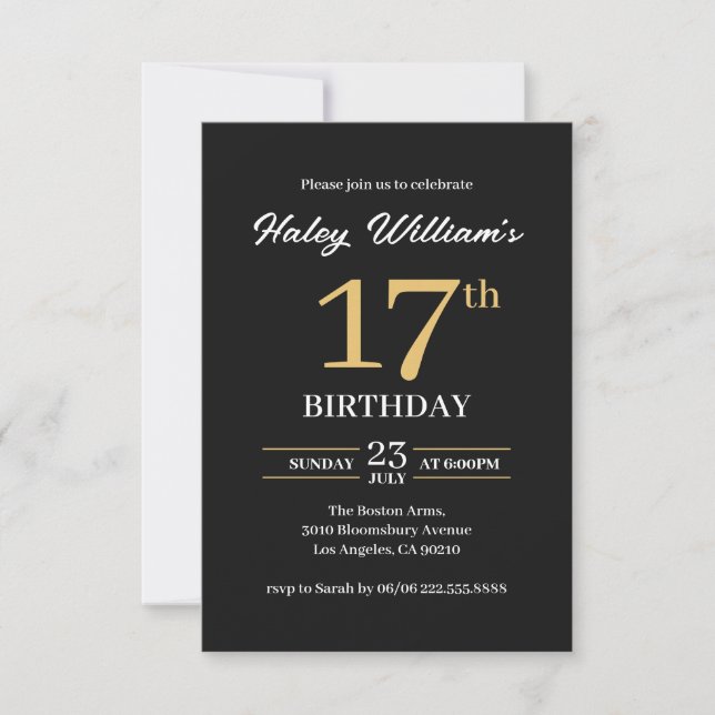 Invitación a los 17 años de Black & Gold Minimalis (Anverso)