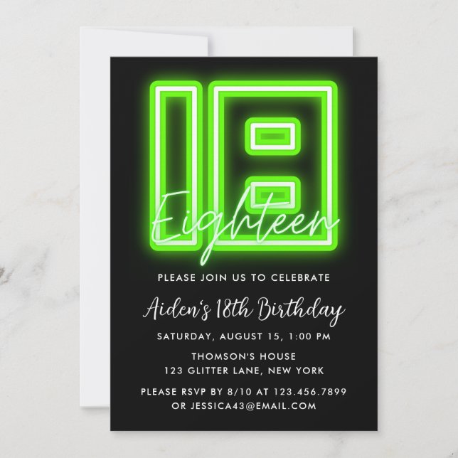 Invitación a los 18 Años de Neon Green (Anverso)