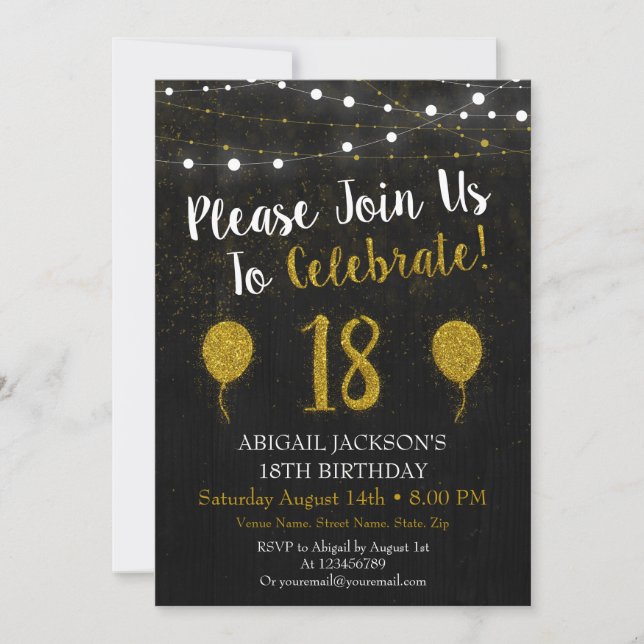 Invitación a los 18 Años de Purpurina Negro Y Oro (Anverso)