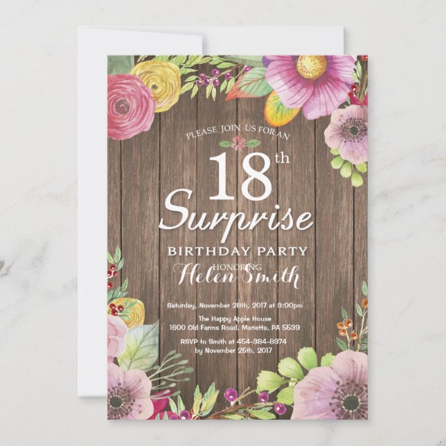 Invitación a los 18 Años Rústica Floral Sorpresa (Anverso)