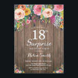 Invitación a los 18 Años Rústica Floral Sorpresa<br><div class="desc">Invitación de cumpleaños 18 de Rustic Floral Surprise para mujeres. Flor Floral acuática, fondo de madera rústica. Retro Vintage. Cumpleaños de adultos. Mujer Chica Señora Adolescente Bday Bash Invita. 13.º 15.º 16.º 18.º 20.21.30.40.50.60.70.80.90.100. Cualquier edad. Para una mayor personalización, haga clic en el botón "Personalizar" y utilice nuestra herramienta de...</div>