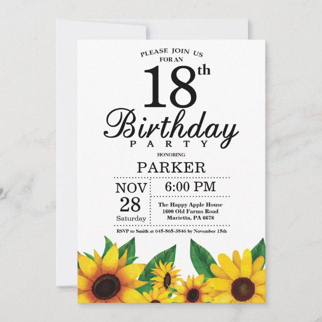 Invitación a los 18 cumpleaños del girasol (Anverso)