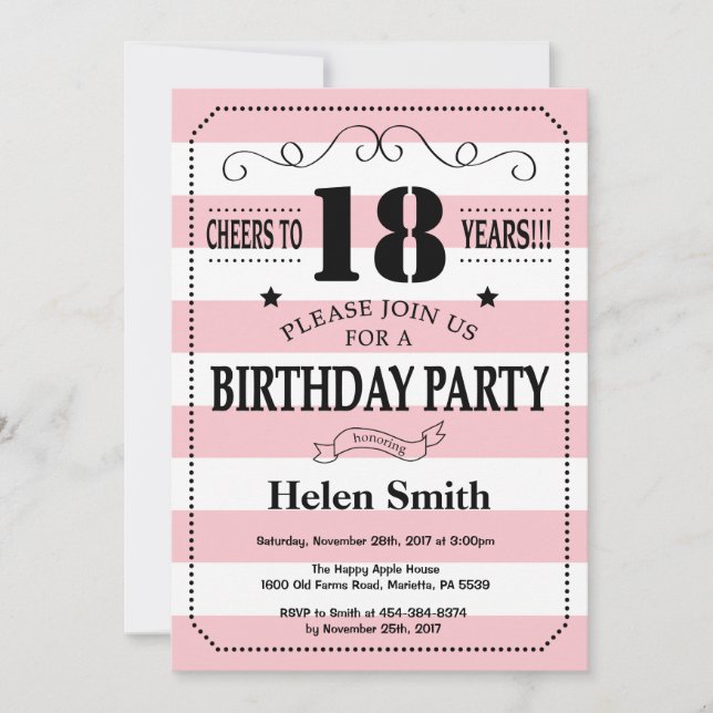Invitación a los 18 cumpleaños franjas rosa y blan (Anverso)