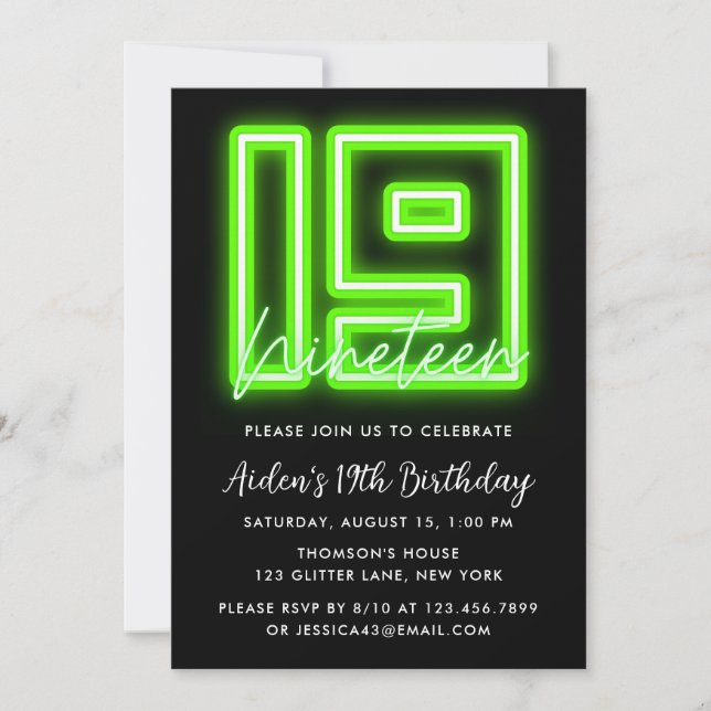 Invitación a los 19 Años de Neon Green (Anverso)