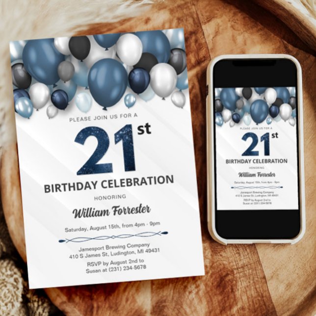 Invitación a los 21 años de Blue Silver Black & Wh (Blue Silver Black & White 21st Birthday Invitation)