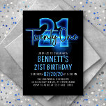 Invitación a los 21 cumpleaños de Blue Neon<br><div class="desc">Enciende las luces al fiesta perfecto para él con este diseño de neón cumpleaños. Con números en negrita y guiones brillando con luz, esta invitación es tan genial como llamativa. El brillo azul eléctrico le da al diseño un ambiente dinámico y urbano que es perfecto para tu hijo o adolescente,...</div>