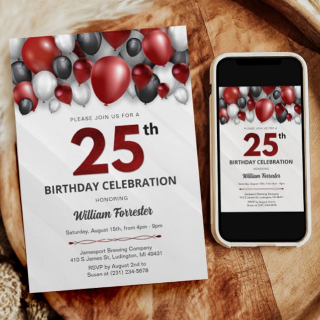 Invitación a los 25 años del Black Red Silver y Wh (Black Red Silver & White 25th Birthday Invitation)