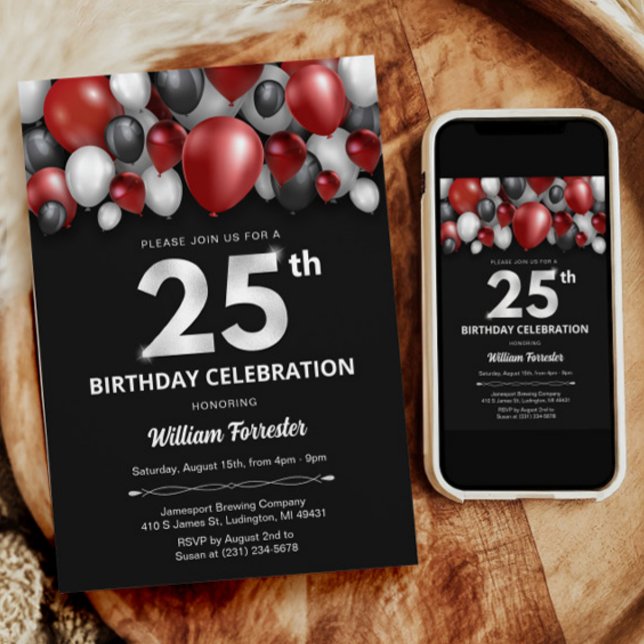 Invitación a los 25 años del Black Red Silver y Wh (Black Red Silver & White 25th Birthday Invitation)
