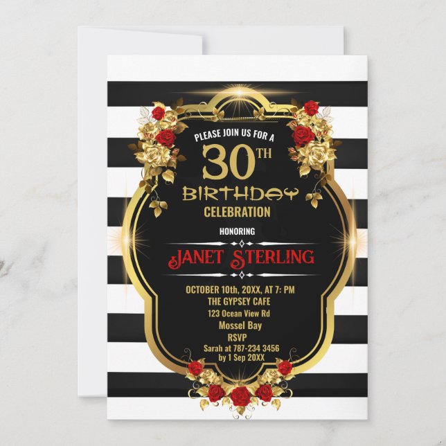 Invitación a los 30 años en negro, blanco y oro (Anverso)