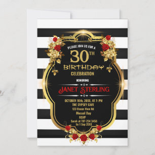 Invitación a los 30 años en negro, blanco y oro