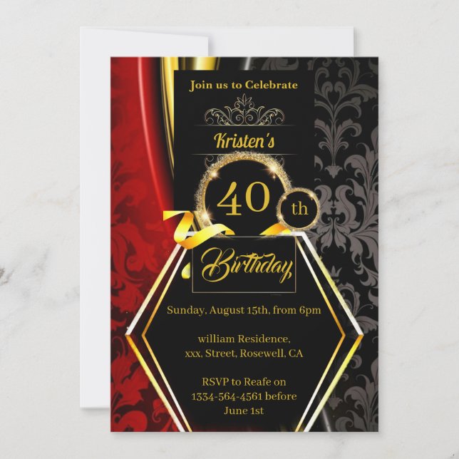 Invitación a los 40 Años en Rojo y Oro (Anverso)