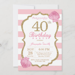 Invitación a los 40 años Floral rosa y dorada