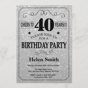 Invitación a los 40 años Purpurina negro y platead