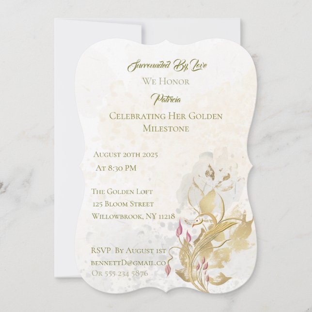 Invitación a los 50 Años con Floral de Oro y Rubor (Anverso)