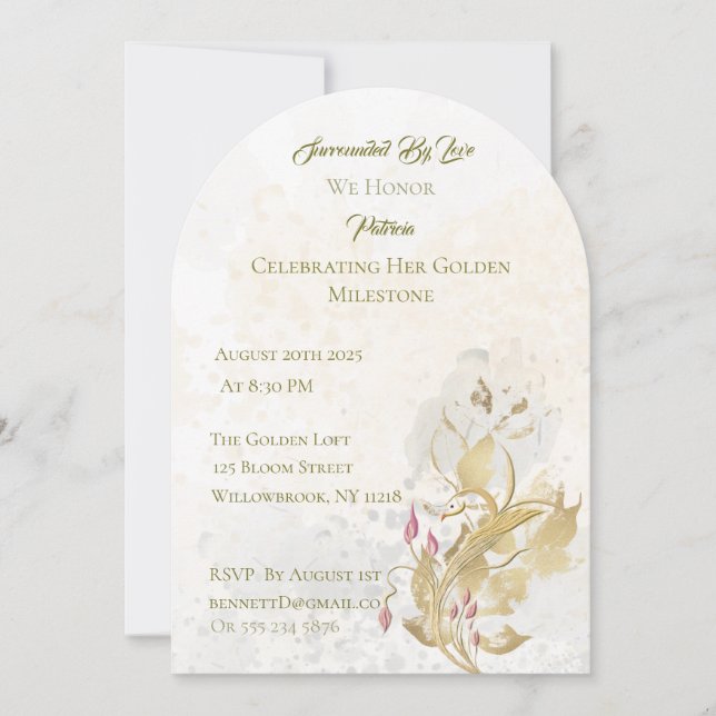 Invitación a los 50 Años con Floral de Oro y Rubor (Anverso)