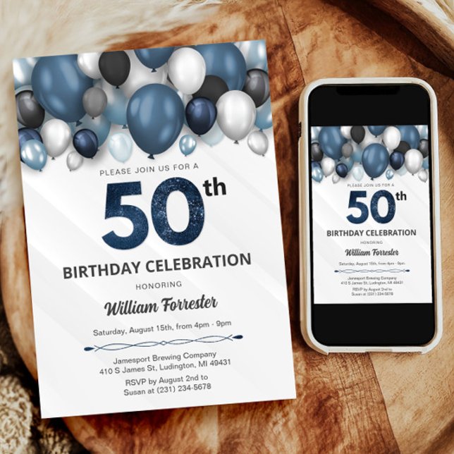 Invitación a los 50 años de Blue Silver Black & Wh (Blue Silver Black & White 50th Birthday Invitation)