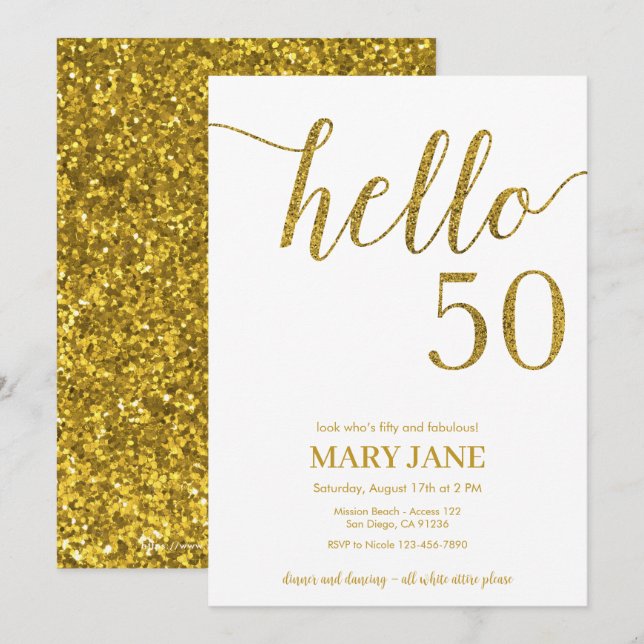 Invitación a los 50 años de Purpurina blanco y oro (Anverso / Reverso)