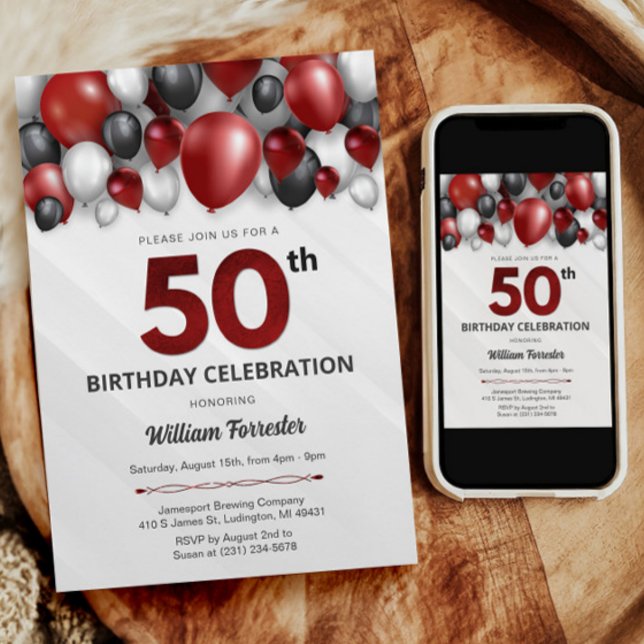 Invitación a los 50 años del Black Red Silver y Wh (Black Red Silver & White 50th Birthday Invitation)