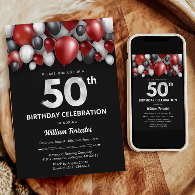 Invitación a los 50 años del Black Red Silver y Wh (Black Red Silver & White 50th Birthday Invitation)