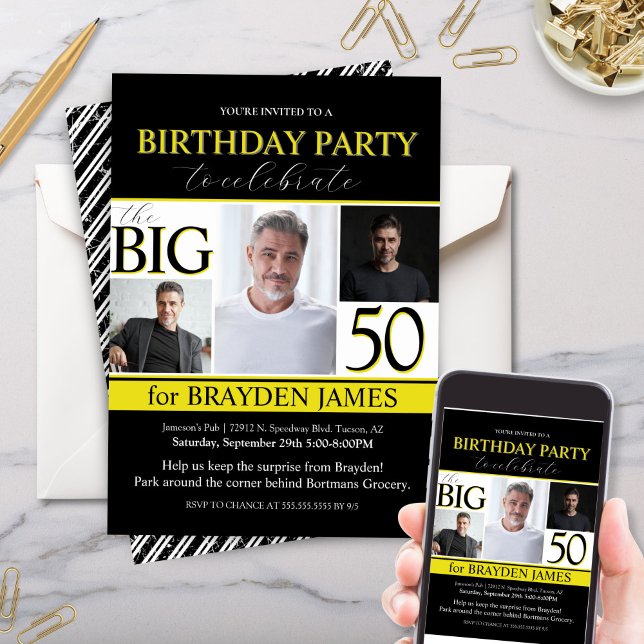 Invitación a los 50 años del oro blanco negro mode (Elegant black and white with yellow accents photo collage birthday party invitation for 50th 60th)