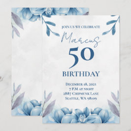 Invitación a los 50 Años Floral Blanco y Azul