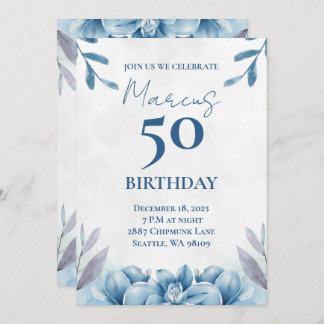 Invitación a los 50 Años Floral Blanco y Azul