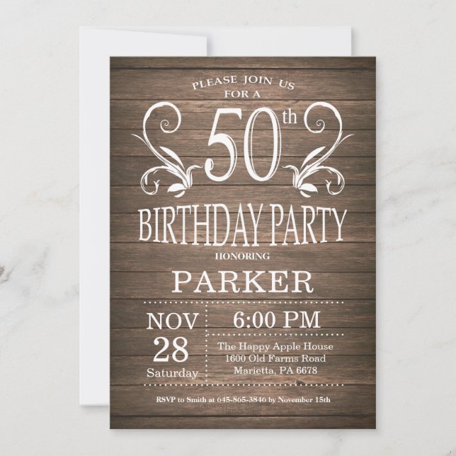 Invitación a los 50 años Floral de madera rústica (Anverso)