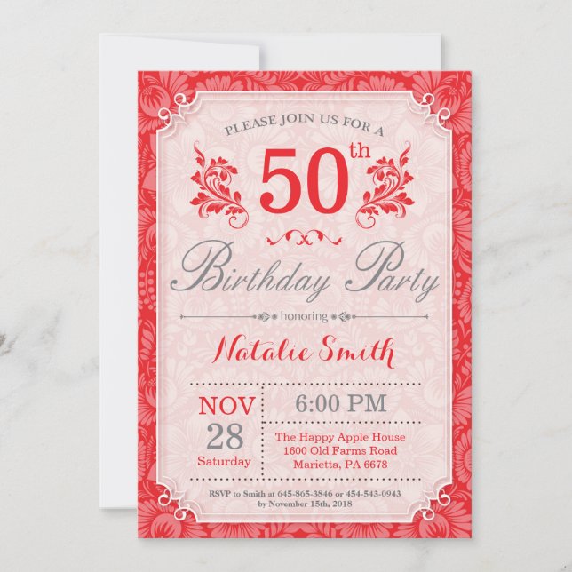 Invitación a los 50 Años Floral Roja para las Muje (Anverso)