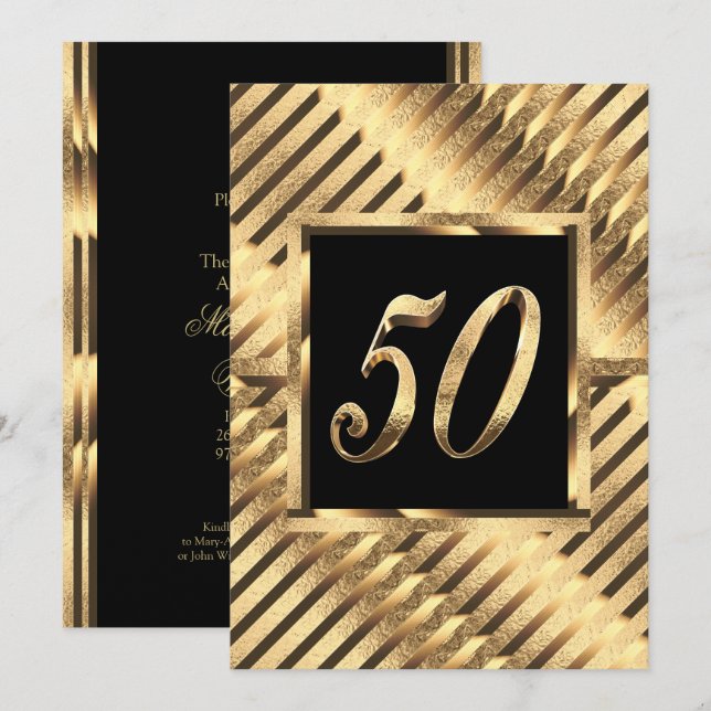 Invitación a los 50 años: Negro y oro moderno (Anverso / Reverso)