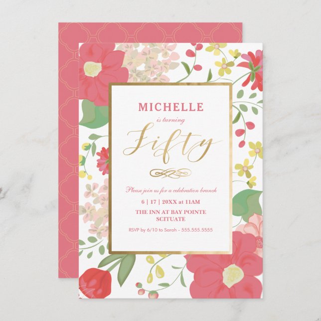 Invitación a los 50 Años - Oro, Floral Elegante (Anverso / Reverso)