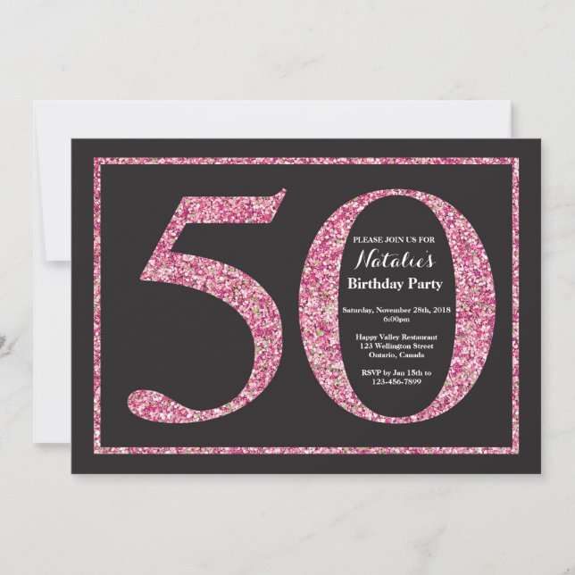 Invitación a los 50 años Purpurina rosa Chalkboard (Anverso)