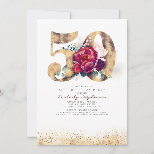 Invitación a los 50 Años - Rojo y Oro de Borgoña (Anverso)