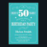 Invitación a los 50 años Verde azulada y blanca<br><div class="desc">50º Invitación de cumpleaños tipografía Verde azulada y blanca. Fondo Verde azulado y blanco. Cumpleaños de adultos. Cumpleaños de hombres o mujeres. Invite a un niño o Chica Lady Teen Teenage Bday. 13a 15a 16a 18a 20a 30a 40a 50a 60a 70a 80a 90a 100a. Cualquier edad. Para más personalización, haga...</div>